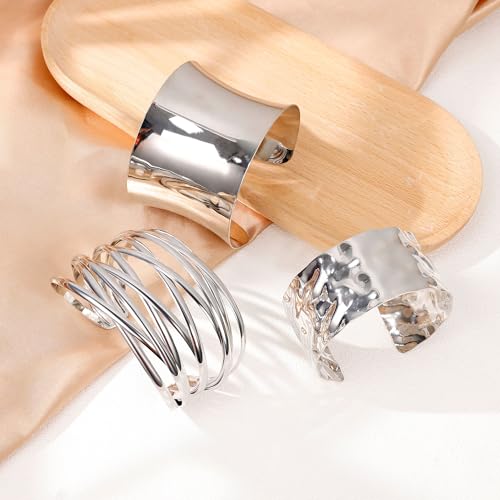 3Pcs Chunky Gold Cuff Bracelets Open Wide Bangle Bracelets Set for Women Minimalist Irregular Bracelet Statement Wrist Cuff Wrap Bracelet Jewelry - style: styleA silver