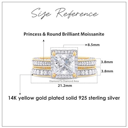 6MM Center Halo Princess Cut Bridal Set Engagement Ring for Women, 2 CT | Metal: Sterling Silver|Stone: Moissanite - color: Yellow Gold