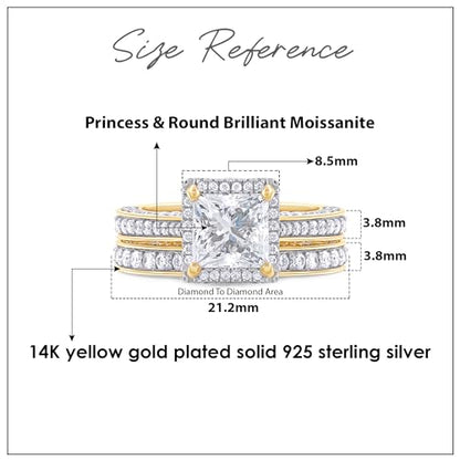 6MM Center Halo Princess Cut Bridal Set Engagement Ring for Women, 2 CT | Metal: Sterling Silver|Stone: Moissanite - color: Yellow Gold