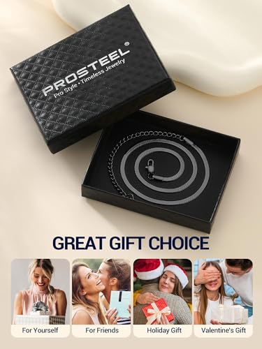 PROSTEEL 3mm/5mm Herringbone Choker Necklace for Women, 12.5"/15"/18", Stainless Steel/Sterling Silver Flat Snake Chain in Silver/Yellow Gold/Rose Gold/Black, Come with Box - color: 3mm-Black Plated, size: 15 Inch