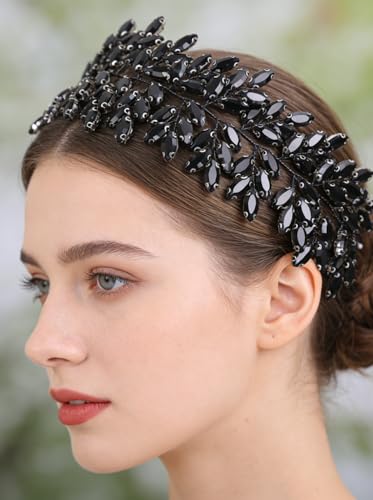 Missgrace Women Silver Green Black Red Blue Handmade Full Crystal Rhinestone Large Headband Hair Vine Shinny Headpiece Bridal Wedding Hair Accessories for Women (Black) - color: Black
