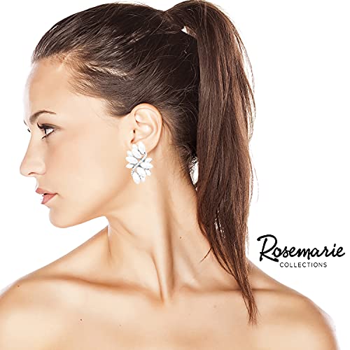 Rosemarie Collections Women's Dazzling Crystal Marquis Leaf Cluster Statement Clip On Earrings, 1.87" - style: White Faux Pearl Silver Tone