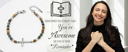 Dainty Bracelets for Women Paperclip Chain Bangles Handmade Tiny Cute Oval and Round Beaded Bracelet 316L Stainless Steel Jewelry Gift for Best Friend - style: Cross-You are Awesome
