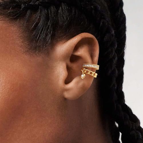 MEVECCO Ear Cuffs Non Piercing 18K Gold Plated Ear Cuff Earring Sets Clip on Cartilage Cubic Zirconia Pearl Minimalist Hypoallergenic Fake Hoop Earrings Stack Women Gifts - style: 2pcs-Chain