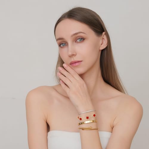 18 K Gold Plated Love Bangle Bracelet Stack for Women,Set of 4 Floral Clover Chain, Tennis Crystal &Gold Stackable Bangle Bracelet -Adjustable Layered Jewelry Gift for Wife Valentines Mother's Day-MVCOLEDY - color: Red
