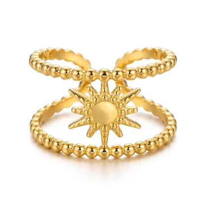 AeraVida Gold Plated Sunburst Ring Adjustable 7-9 (Adjustable), Stainless Steel Double Layer Ring, Celestial Sun Jewelry, Open Band Fashion Ring