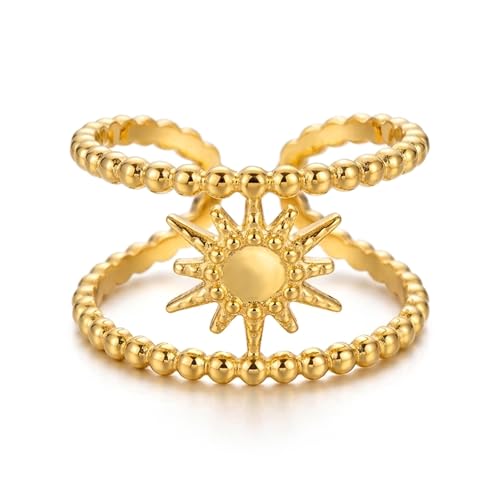 AeraVida Gold Plated Sunburst Ring Adjustable 7-9 (Adjustable), Stainless Steel Double Layer Ring, Celestial Sun Jewelry, Open Band Fashion Ring