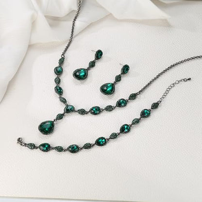 EleQueen Women's Wedding Bridal Jewelry Sets for Brides Bridesmaids, Cubic Zirconia Teardrop Necklace Tennis Bracelet Dangle Earrings Jewellery Set - color: 11-Emerald Color Black-Tone