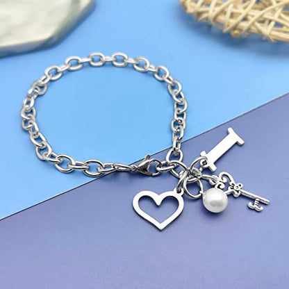 Initial A-Z Bracelets Gift for Women Girls Stainless Steel Chain Bracelet 26 Alphabet Jewelry Gifts for Birthday Anniversary Letter Bracelet Monogram Gifts for Sister Friend Girlfriends Mom 8.26 Inch - color: I