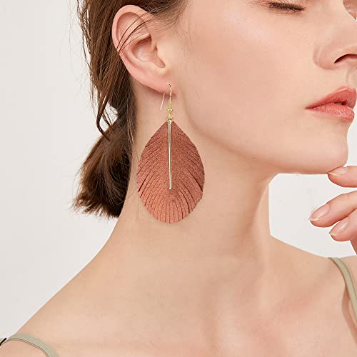 YUNXI Large Genuine Soft Leather Handmade Fringe Feather Lightweight Leaf with Simple Drop Metal Bar Tear Drop Dangle Color Earrings for Women - color: Brown
