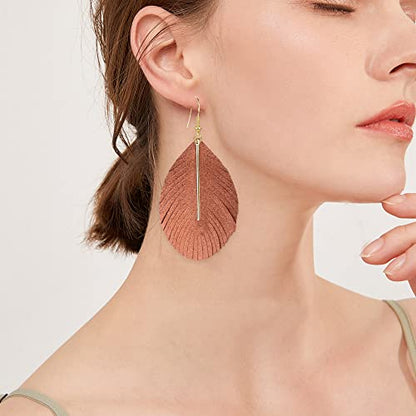 YUNXI Large Genuine Soft Leather Handmade Fringe Feather Lightweight Leaf with Simple Drop Metal Bar Tear Drop Dangle Color Earrings for Women - color: Brown