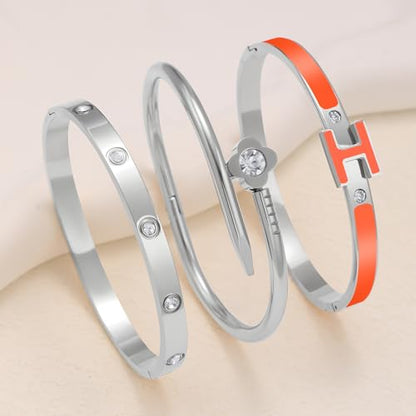 3Pcs Gold Bracelets for Women 14K Gold Plated Love/H/Nail Bangle Bracelet Dainty Non Tarnish Bracelet Jewelry Christmas Mothers Day Gifts for Women - color: 3Pcs Silver/Orange H bracelet