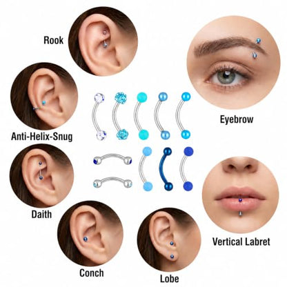 10 Eyebrow Rook Piercing Jewelry Set With Blue Balls for Women Men | Vertical Labret Lip Jewelry Earrings Curved Barbell Piercings Eyebrow Rings Women Tiny Ear Rook Helix Conch Daith Belly Rings