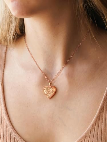 FindChic Locket Necklace for Women Custom Photo Memorial Gifts 4 Colors | Silver/Black/Rose Gold/Gold Plated Personalized for Loved Ones, Birthday Valentine's Day Keepsake - style: 12. Rose Relief (DIY)-Rose Gold