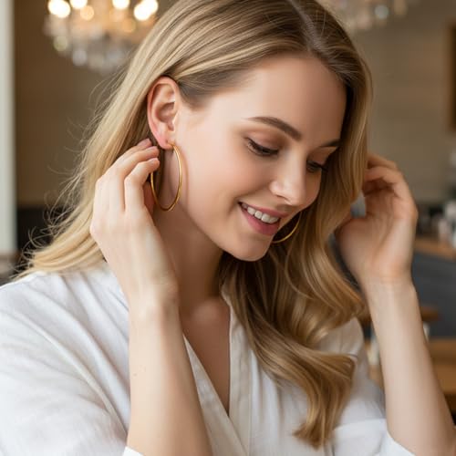 1 Pairs 60/70mm Silver 14K Gold Rose Gold Hoop Earrings for Women Hypoallergenic Stainless Steel Lightweight Big Hoops Shiny Dangle Earrings Trendy Jewelry Gifts - color: 70mm-Silver Hoop Earrings