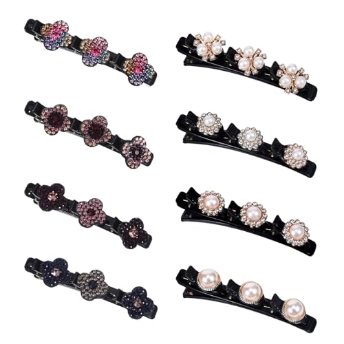 8 Pcs Braided Hair Clips for Women, Sparkling Crystal Stone Pearl Barrette | Rhinestone Duckbill Braid Clips for Women with 3 Small Flower Crystal Hair Accessories Girls Styling Sectioning - color: PURPLE, PINK AND WHITE