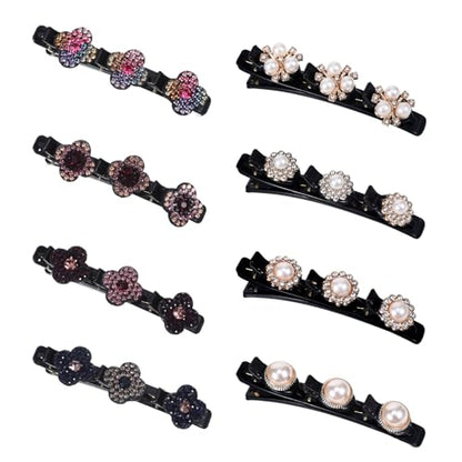 8 Pcs Braided Hair Clips for Women, Sparkling Crystal Stone Pearl Barrette | Rhinestone Duckbill Braid Clips for Women with 3 Small Flower Crystal Hair Accessories Girls Styling Sectioning - color: PURPLE, PINK AND WHITE
