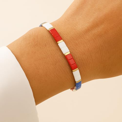 Candy Colorful Tila Flat Beads Bracelets for Women Trendy Unique Friendship Handmade Stackable Christmas Jewelry Gifts - color: red white blue