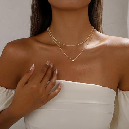 Layered Gold Necklace Set for Women Dainty Waterproof Cute Choker | 14K Gold Plated Minimalist Non Tarnish Lightweight CZ Pendant Pearl Twist Paperclip Chain Jewelry Gifts - style: 2PCS-Dotchain zircon-GD