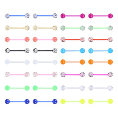 32 Pcs Glow in the Dark Acrylic Tongue Rings, 14G | Straight acrylic barbells, assorted luminous colors, lightweight body jewelry, daily and party styling