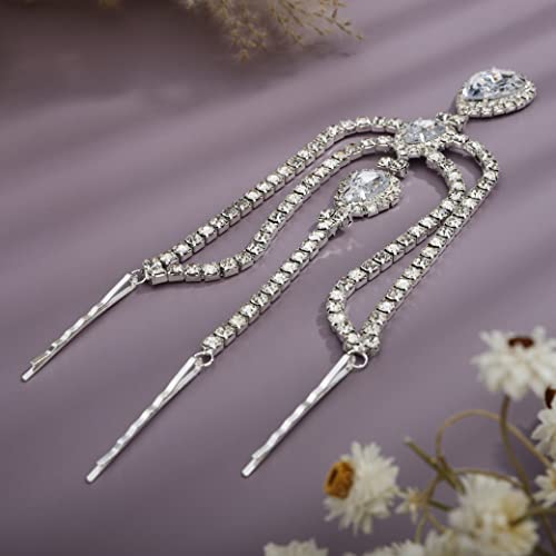 Bohemian Full Silver Rhinestone Chain Claer Crystal Head Chain Clip Drop Pendant HeadPieces Forehead Headband Hair Accessories for Wedding Brides Party Prom Costume (Silver) - color: Silver