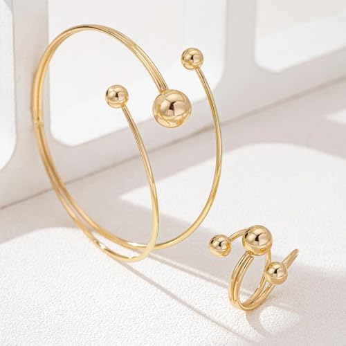 Rrdaily Layered Gold Plated Sphere Spiral Bangle Rings Set for Women,Open Twisted Geometric Wrist Cuff Bracelets Punk Party Accessories Trendy Jewelry Present