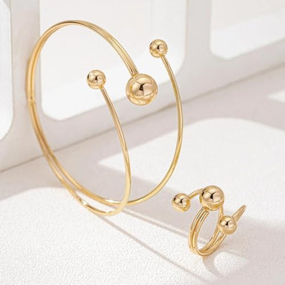 Rrdaily Layered Gold Plated Sphere Spiral Bangle Rings Set for Women,Open Twisted Geometric Wrist Cuff Bracelets Punk Party Accessories Trendy Jewelry Present