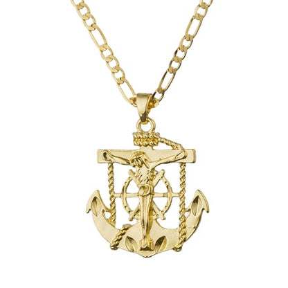 14K White Gold Plated Anchor Jesus Crucifix Cross Pendant Necklace for Women Men Saint Patron Pendant Religious Jewelry - color: gold