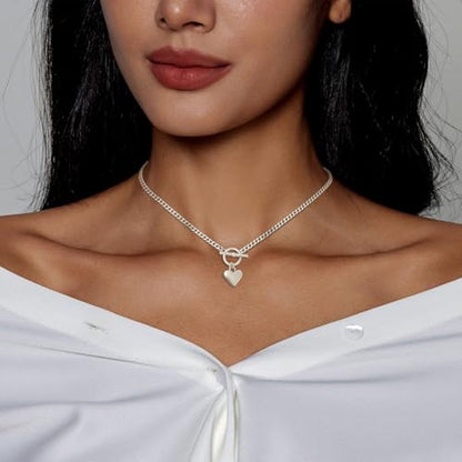 Airmb Heart Necklace for Women Gold/Silver Plated Trendy Heart Choker Lover Pendant Hypoallergenic Fashion Gold/Silver Necklace for Women Love Jewelry Gift for Women Girlfriend - color: Cuban-Chain-Silver