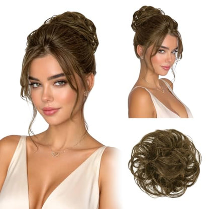 RUWISS 100% Human Hair Bun Small Messy Bun Hair Piece for Women Layered Wavy Hair Buns Updo Hairpiece for Daily Wear Scrunchies Ponytail Extension (Medium Brown) - color: Medium Brown
