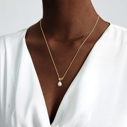 Luxval Lariat Gold Necklace for Women, Dainty Long Necklace 14k Gold Plated/Silver Y-Shaped Pendant Necklaces Trendy Beaded Chain Drop Necklaces Jewelry for Women Gifts - color: Gold-adjustable Pearl