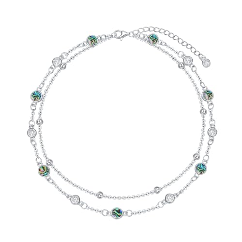 HPQQ Anklets for Women 925 Sterling Silver Natural Stone Layered Anklet Beach Summer Fine Jewelry Birthday Mothers Day Gifts for Women Mom Her - color: Abalone 9"-11"