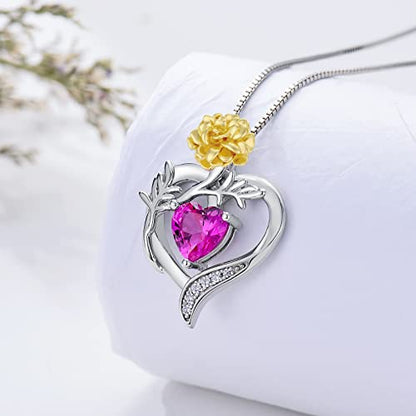 TOUPOP Birth Flower Necklace 925 Sterling Silver Heart Birthstone Pendant Necklaces Birth Month Floral Jewelry Birthday Valentines Day Mothers Day Gifts for Women Wife Mom - style: 10-October-Marigold