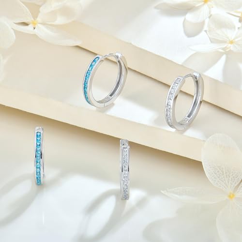 Starchenie Huggie Hoop Earrings for Women 925 Sterling Silver Princess Cut Birthstones Jewelry Gift - color: 03-Aquamarine-Mar