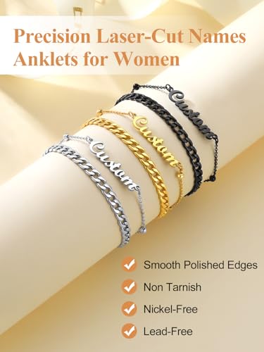 Custom4U Custom Name Anklet Bracelets for Women Waterproof Beaded/Figaro/Cuban/Rope/Wheat Chain Anklet Stackable Gold Plated Non Tarnish Custom Beach Gift Barefoot Summer Jewelry for Her - color: B01-Gold Cuban Chain