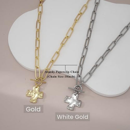 Chunky Cross Necklace for Women Trendy 14K Gold Silver Plated Statement Big Cross Pendant Paperclip Chain Charm Necklaces Religious Faith Easter Basket Stuffers Baptism Costume Jewelry Gift - color: Gold-Toggle-0.8 inch pendant