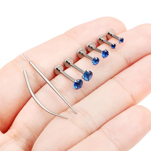 F136 Titanium 20/18/16G Earrings Nose Lip Rings Medusa Tragus Cartilage Helix Labret Flat Back Threadless Implant Grade Stud Piercing Jewelry for Women - color: Blue CZ, size: 16g*6/8/10mm*2/3/4mm