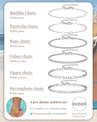 Besteel Ankle Bracelets for Women Waterproof 14K Gold Plated Anklets Set | Non Tarnish Stainless Steel, Plus Size Adjustable 8-12 Inch, Hypoallergenic Layered Cuban Link Chain Summer Foot Jewelry Gift - style: 6 Pcs Steel Cuban-8.5+2.5 Inch