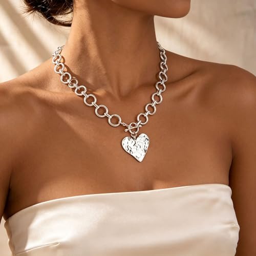 Sora Tuki Gold Chunky Necklace for Women Trendy Big Silver Statement Necklace Large Heart Hollow Square Necklaces Bold Thick Chain OT Toggle Necklaces Boho Chunky Jewelry - color: Style 1 - Silver-Heart