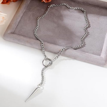 Slip Chain Choker for Women Handmade Black Stainless Steel Cuban Chain Chunky Moon Bat Raven Skull Pendant Gothic Punk Rock Collar Adjustable Lariat Y Necklace for Men - style: Silver Spike