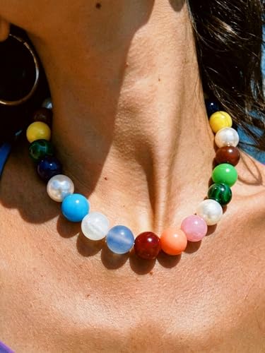 Chunky Beaded Necklaces for Women Statement Necklace | Bold Chunky Choker, Large Resin Beads, Adjustable Necklace, Boho Trendy Summer Beach Holiday Jewelry - color: Colorful-02