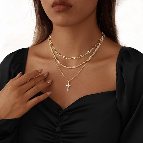 Layered Gold Cross Necklaces for Women, Stack Stackable 14K Gold/Silver Plated Cubic Zirconia Pendant Necklace Set Dainty Choker Layering Necklaces for Women Faith Jewelry Religious Gift - style: Gold-CZ-2