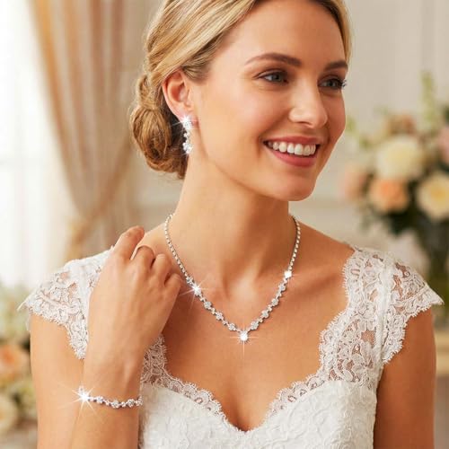 Unicra Bride Crystal Necklace Earrings Set Bridal Wedding Jewelry Sets Rhinestone Choker Necklace Costume Jewelry Set for Women and Brides - color: Gold Necklace Bracelet Earrings
