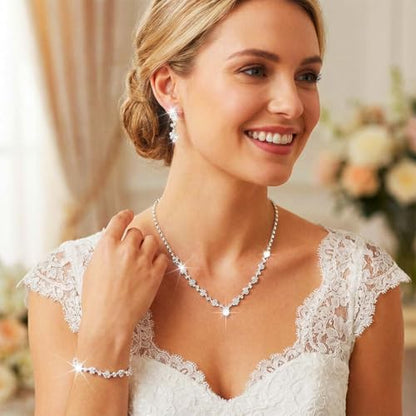 Unicra Bride Crystal Necklace Earrings Set Bridal Wedding Jewelry Sets Rhinestone Choker Necklace Costume Jewelry Set for Women and Brides - color: Gold Necklace Bracelet Earrings