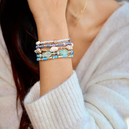Dainty Gold Plated Pearl Crystal Beaded Bracelets Set for Women 14K Gold Plated Bead Pearl Beads Bracelet Stackable Paperclip Link Chain Bracelets Gold Plated Bracelets for Women Trendy Jewelry - color: Style6 Blue
