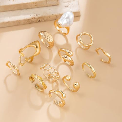 Chunky Gold Rings for Women Gold Baroque Pearl Rings Open Adjustable Pearl Ring Stacking Knuckles Rings Set Boho Prom Costume Fashion Jewelry for Women 2026 - style: Style1