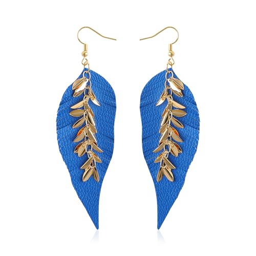 KINIVA Leather Dangle Earrings for Women Trendy, Lightweight Leaf Circle Lightning Earrings Drop, Jewelry Gifts for Women - color: 243 Blue