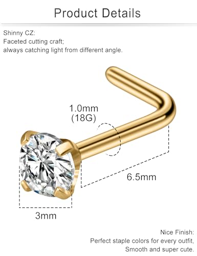 Cisyozi 18G Nose Rings Studs Hypoallergenic Nose Piercings 316L Surgical Steel Silver Nose Rings Set L Shaped Nose Nostril Piercing Jewelry for Women Men Diamond CZ 1.5mm 2mm 2.5mm 3mm 3.5mm 4mm - color: 18G - Gold- CZ 3mm