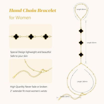 Hand Chain Bracelets for Women 14K Gold Plated Dainty Link Bracelet Bracelets Trendy Ring Bracelet Birthday Jewelry Gifts for Women - style: Black Clover