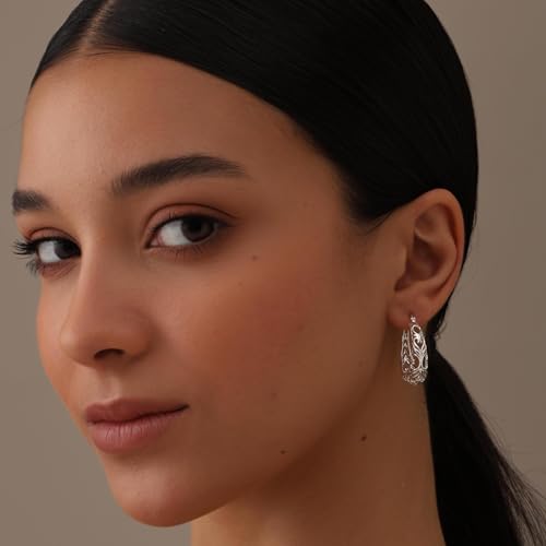 LeCalla 925 Sterling Silver Hoop Earrings | Women's Filigree Hoop Earrings | Openwork Mesh Filigree Cut Earring | Lightweight & Hypoallergenic Vintage Hoop Earrings for Women - style: Round Heart Filigree